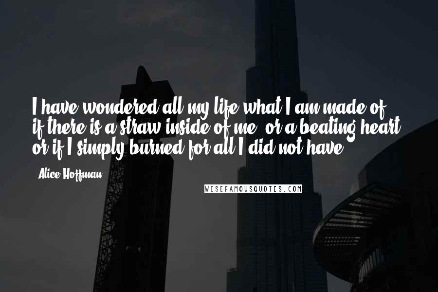 Alice Hoffman Quotes: I have wondered all my life what I am made of, if there is a straw inside of me, or a beating heart, or if I simply burned for all I did not have.