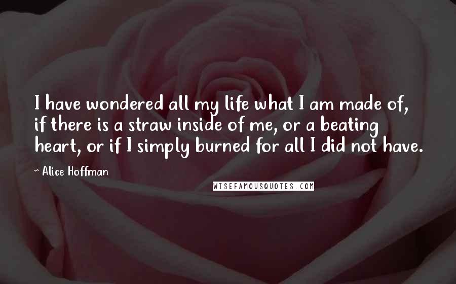 Alice Hoffman Quotes: I have wondered all my life what I am made of, if there is a straw inside of me, or a beating heart, or if I simply burned for all I did not have.