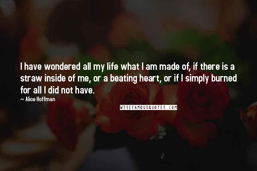 Alice Hoffman Quotes: I have wondered all my life what I am made of, if there is a straw inside of me, or a beating heart, or if I simply burned for all I did not have.
