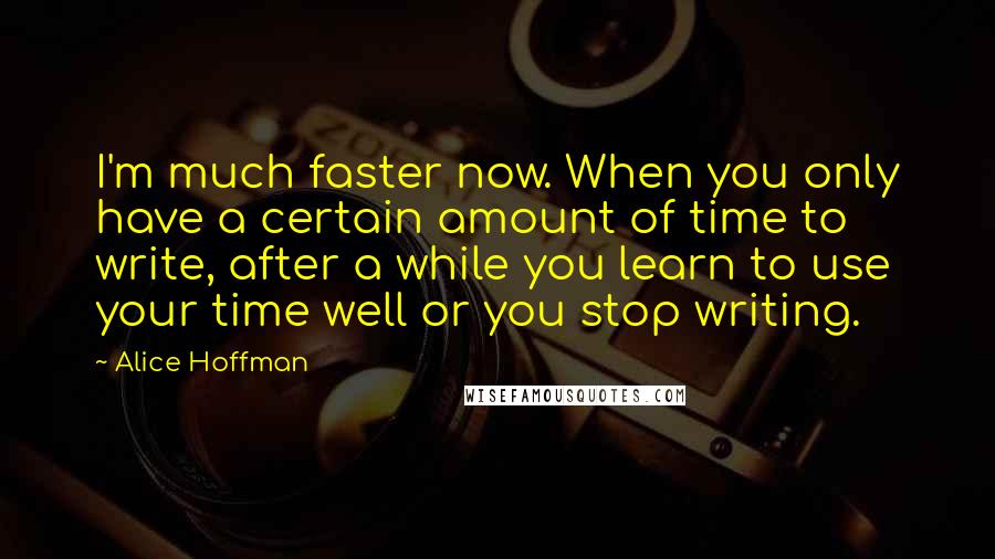 Alice Hoffman Quotes: I'm much faster now. When you only have a certain amount of time to write, after a while you learn to use your time well or you stop writing.