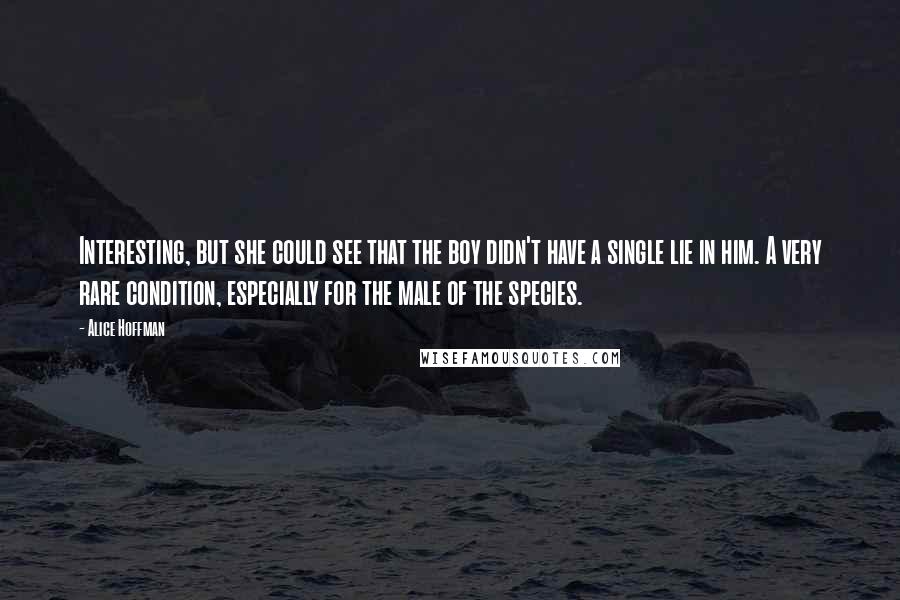 Alice Hoffman Quotes: Interesting, but she could see that the boy didn't have a single lie in him. A very rare condition, especially for the male of the species.