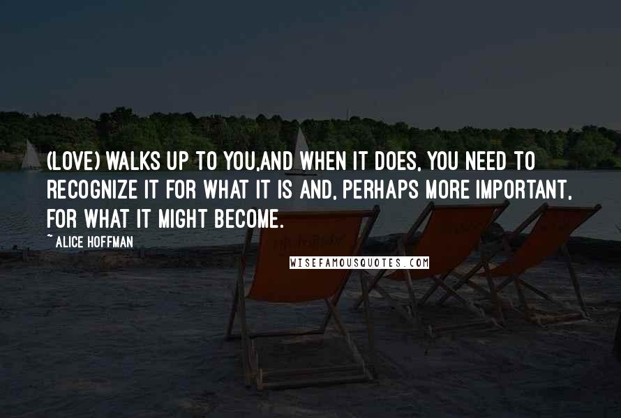 Alice Hoffman Quotes: (Love) walks up to you,and when it does, you need to recognize it for what it is and, perhaps more important, for what it might become.