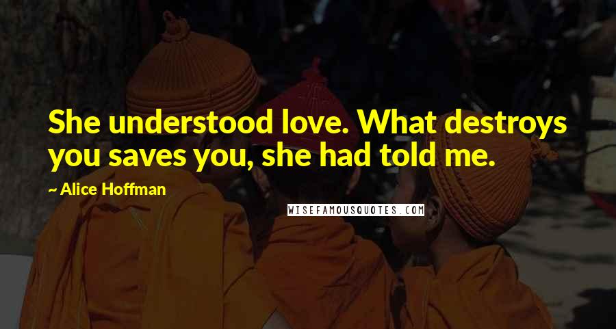 Alice Hoffman Quotes: She understood love. What destroys you saves you, she had told me.