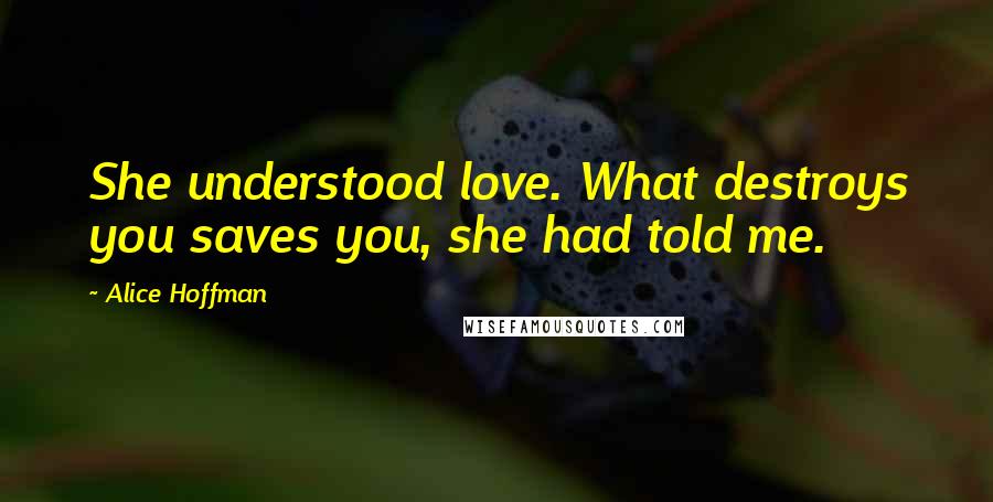 Alice Hoffman Quotes: She understood love. What destroys you saves you, she had told me.