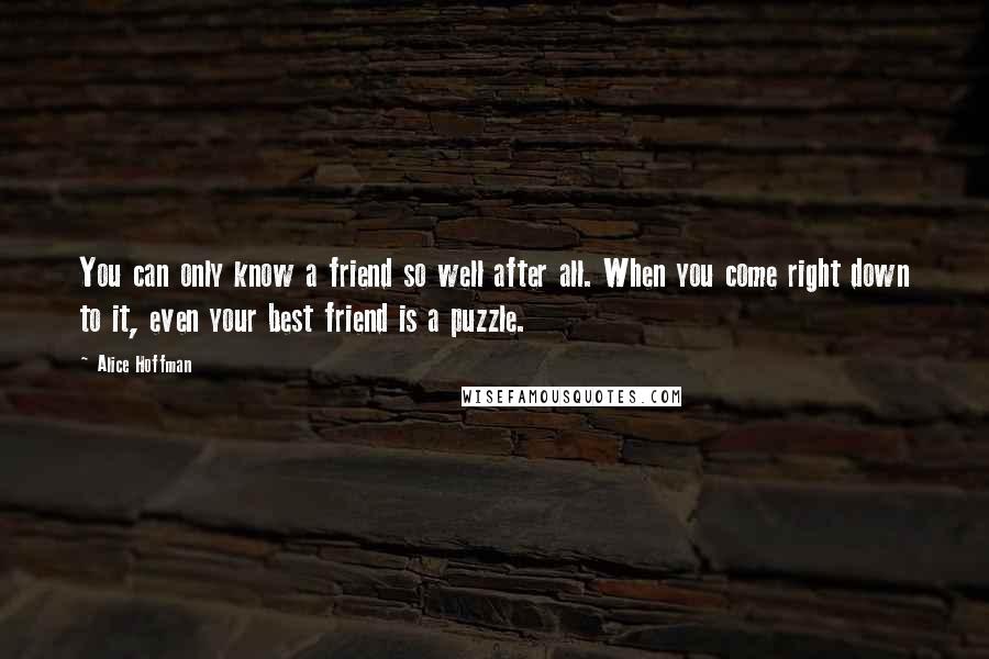 Alice Hoffman Quotes: You can only know a friend so well after all. When you come right down to it, even your best friend is a puzzle.