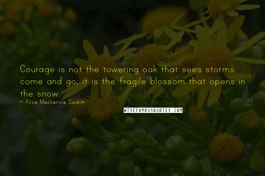 Alice Mackenzie Swaim Quotes: Courage is not the towering oak that sees storms come and go; it is the fragile blossom that opens in the snow.