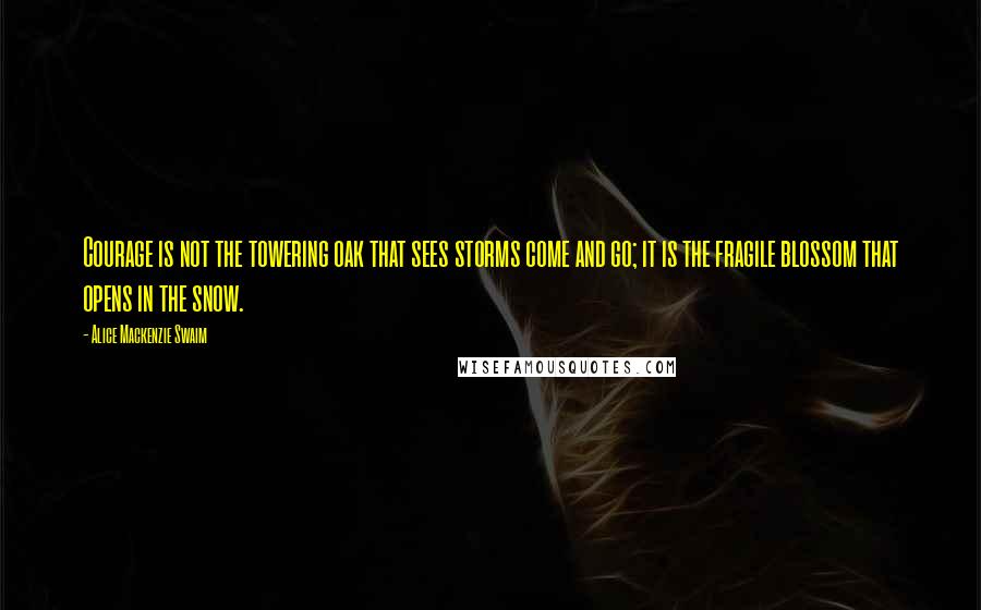 Alice Mackenzie Swaim Quotes: Courage is not the towering oak that sees storms come and go; it is the fragile blossom that opens in the snow.