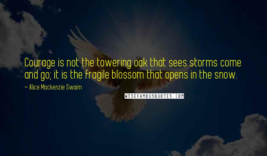 Alice Mackenzie Swaim Quotes: Courage is not the towering oak that sees storms come and go; it is the fragile blossom that opens in the snow.