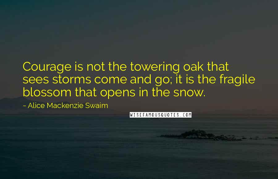 Alice Mackenzie Swaim Quotes: Courage is not the towering oak that sees storms come and go; it is the fragile blossom that opens in the snow.