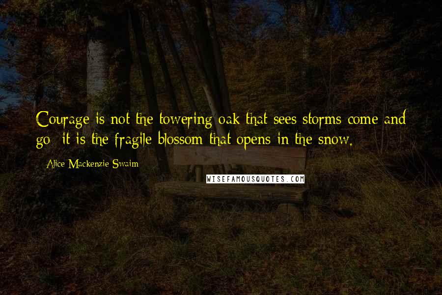 Alice Mackenzie Swaim Quotes: Courage is not the towering oak that sees storms come and go; it is the fragile blossom that opens in the snow.