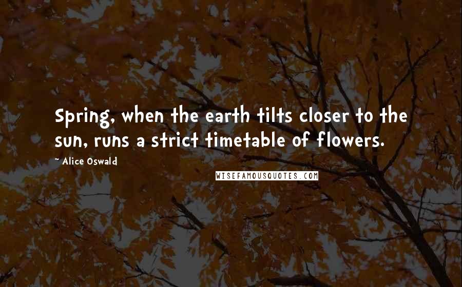 Alice Oswald Quotes: Spring, when the earth tilts closer to the sun, runs a strict timetable of flowers.