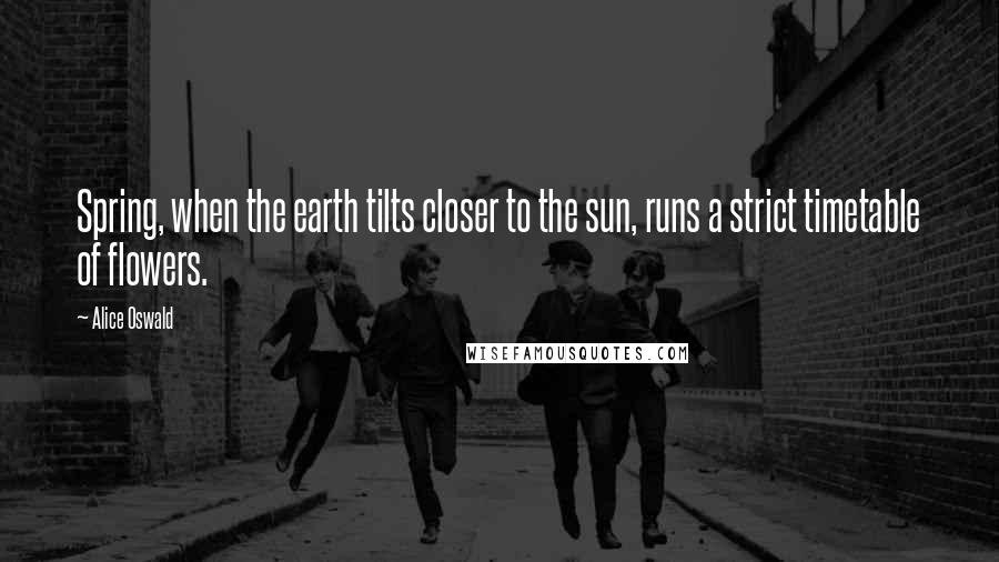 Alice Oswald Quotes: Spring, when the earth tilts closer to the sun, runs a strict timetable of flowers.