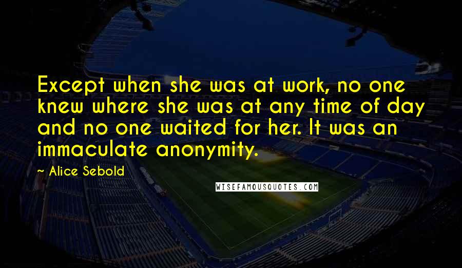 Alice Sebold Quotes: Except when she was at work, no one knew where she was at any time of day and no one waited for her. It was an immaculate anonymity.