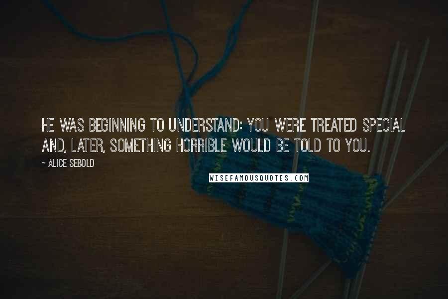 Alice Sebold Quotes: He was beginning to understand: You were treated special and, later, something horrible would be told to you.