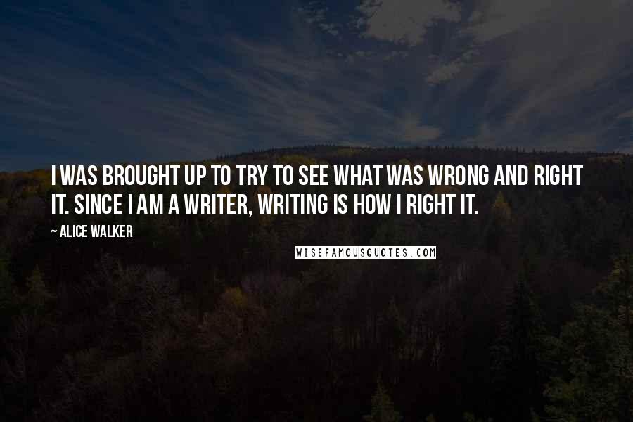 Alice Walker Quotes: I was brought up to try to see what was wrong and right it. Since I am a writer, writing is how I right it.