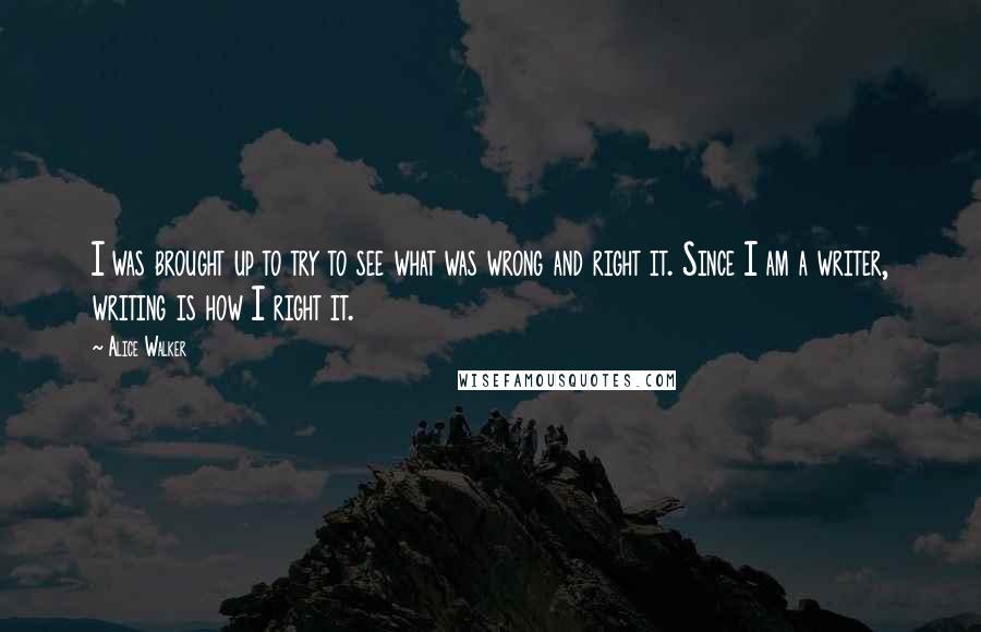 Alice Walker Quotes: I was brought up to try to see what was wrong and right it. Since I am a writer, writing is how I right it.