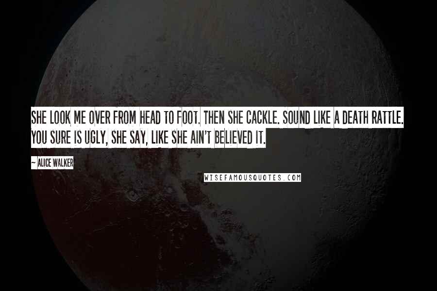 Alice Walker Quotes: She look me over from head to foot. Then she cackle. Sound like a death rattle. You sure is ugly, she say, like she ain't believed it.