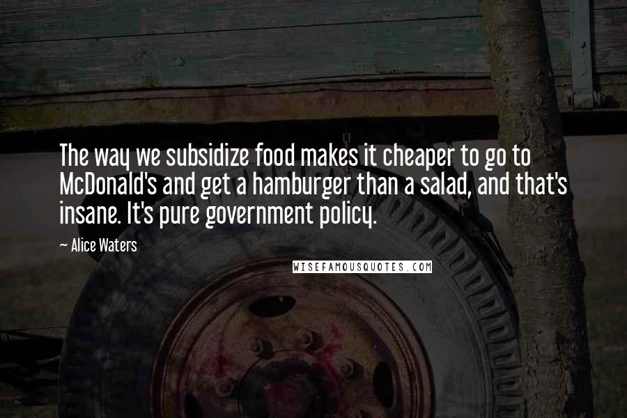 Alice Waters Quotes: The way we subsidize food makes it cheaper to go to McDonald's and get a hamburger than a salad, and that's insane. It's pure government policy.