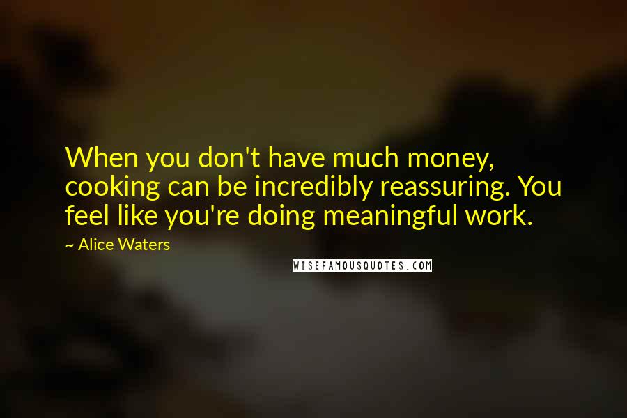 Alice Waters Quotes: When you don't have much money, cooking can be incredibly reassuring. You feel like you're doing meaningful work.