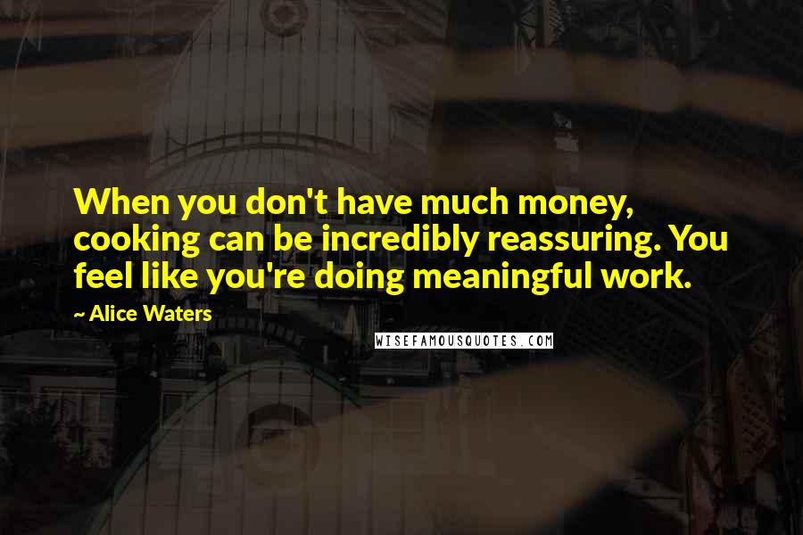 Alice Waters Quotes: When you don't have much money, cooking can be incredibly reassuring. You feel like you're doing meaningful work.