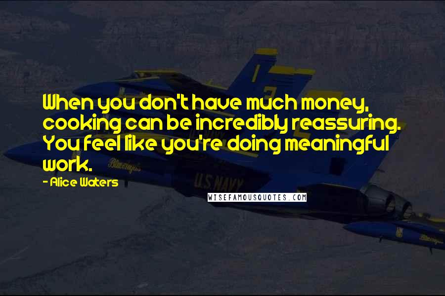 Alice Waters Quotes: When you don't have much money, cooking can be incredibly reassuring. You feel like you're doing meaningful work.