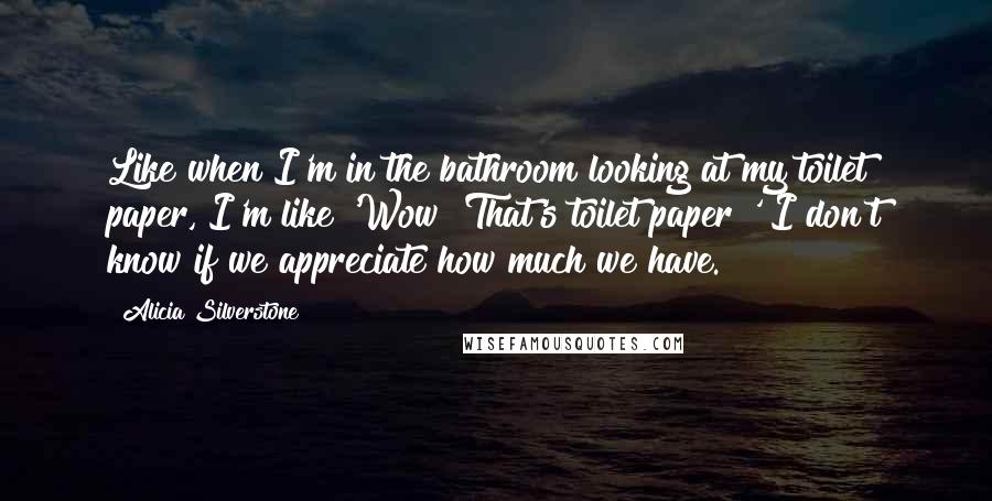 Alicia Silverstone Quotes: Like when I'm in the bathroom looking at my toilet paper, I'm like 'Wow! That's toilet paper?' I don't know if we appreciate how much we have.