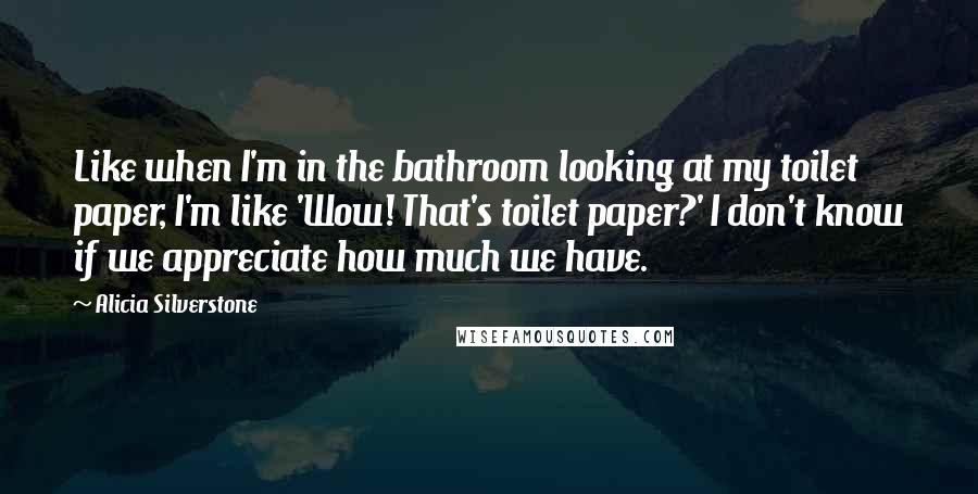 Alicia Silverstone Quotes: Like when I'm in the bathroom looking at my toilet paper, I'm like 'Wow! That's toilet paper?' I don't know if we appreciate how much we have.