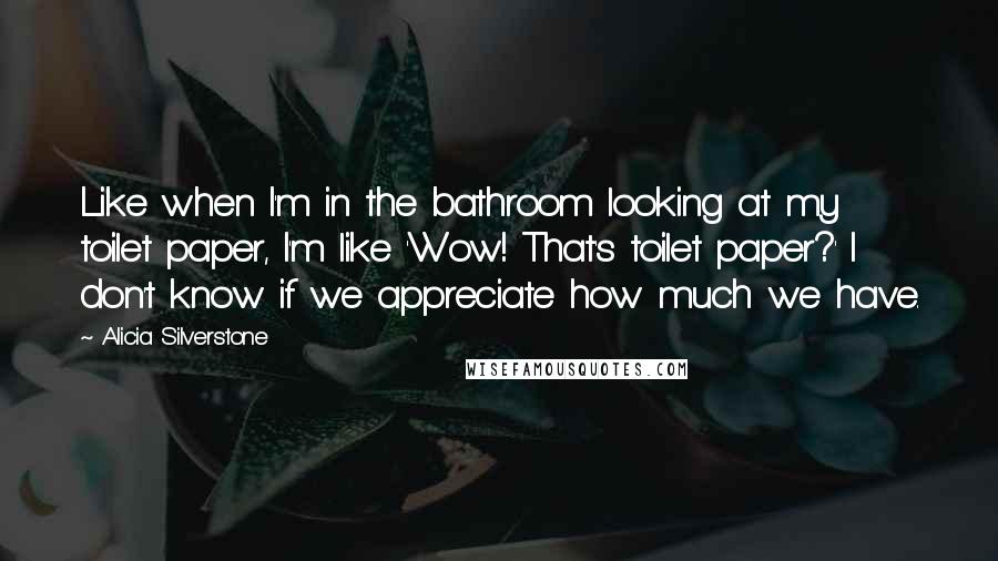 Alicia Silverstone Quotes: Like when I'm in the bathroom looking at my toilet paper, I'm like 'Wow! That's toilet paper?' I don't know if we appreciate how much we have.