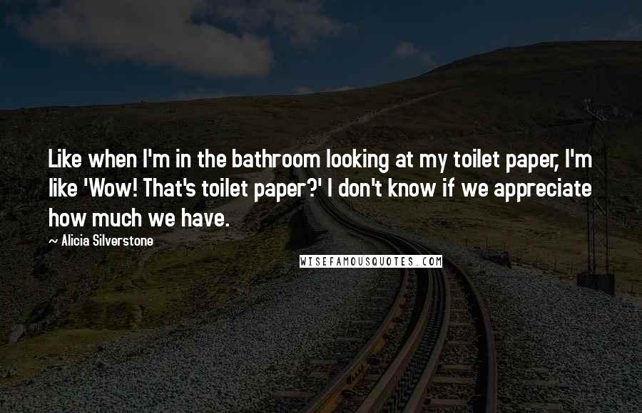 Alicia Silverstone Quotes: Like when I'm in the bathroom looking at my toilet paper, I'm like 'Wow! That's toilet paper?' I don't know if we appreciate how much we have.