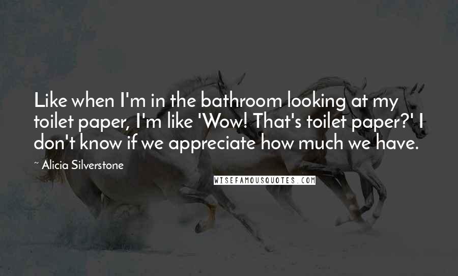 Alicia Silverstone Quotes: Like when I'm in the bathroom looking at my toilet paper, I'm like 'Wow! That's toilet paper?' I don't know if we appreciate how much we have.