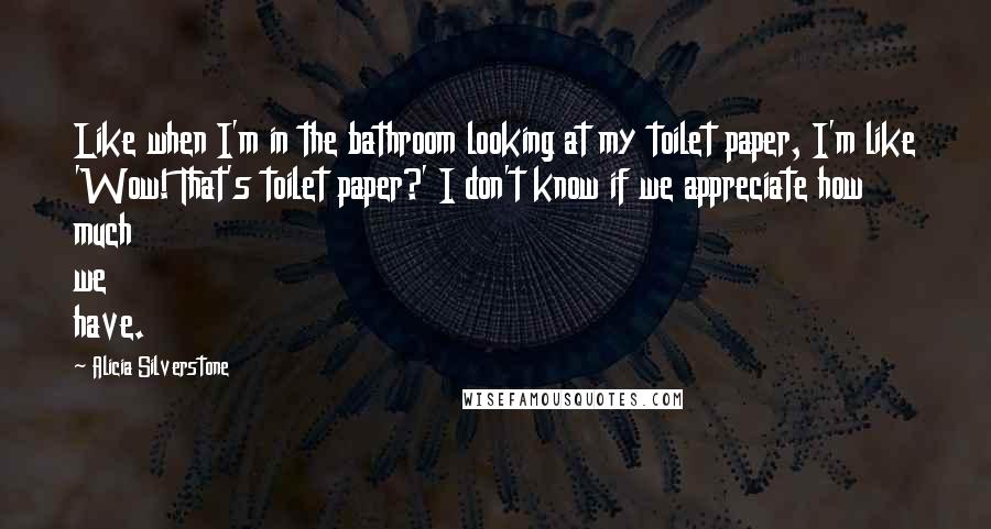 Alicia Silverstone Quotes: Like when I'm in the bathroom looking at my toilet paper, I'm like 'Wow! That's toilet paper?' I don't know if we appreciate how much we have.