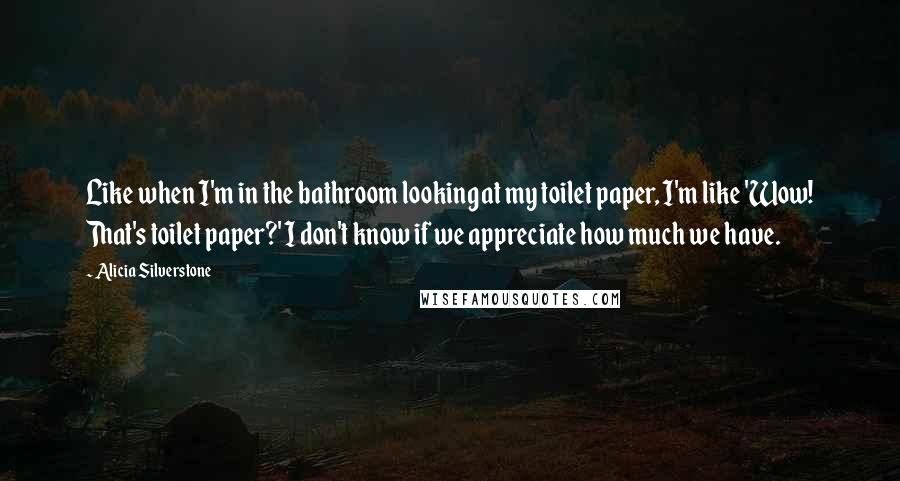 Alicia Silverstone Quotes: Like when I'm in the bathroom looking at my toilet paper, I'm like 'Wow! That's toilet paper?' I don't know if we appreciate how much we have.