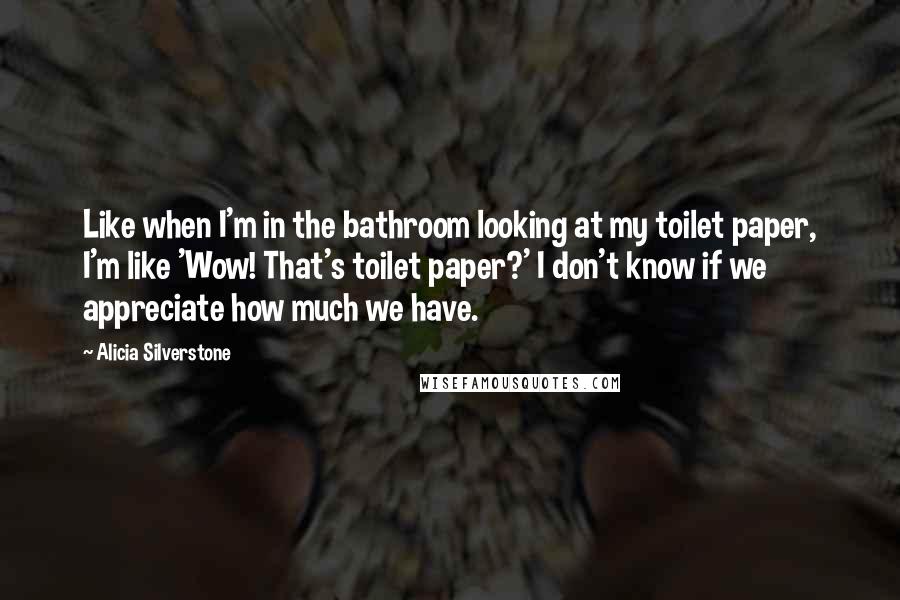 Alicia Silverstone Quotes: Like when I'm in the bathroom looking at my toilet paper, I'm like 'Wow! That's toilet paper?' I don't know if we appreciate how much we have.
