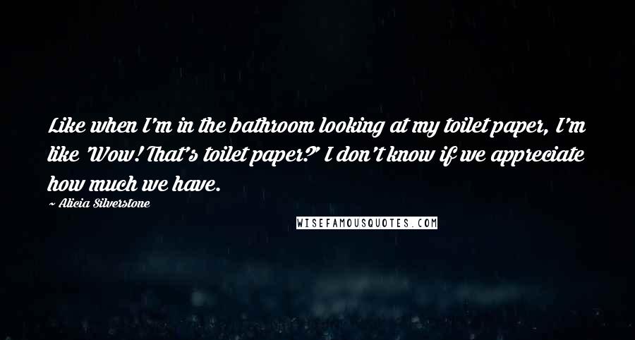 Alicia Silverstone Quotes: Like when I'm in the bathroom looking at my toilet paper, I'm like 'Wow! That's toilet paper?' I don't know if we appreciate how much we have.