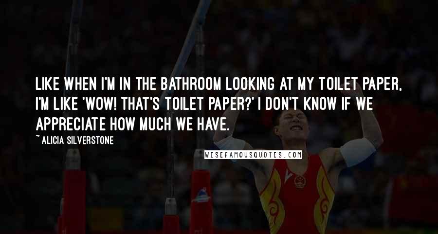 Alicia Silverstone Quotes: Like when I'm in the bathroom looking at my toilet paper, I'm like 'Wow! That's toilet paper?' I don't know if we appreciate how much we have.