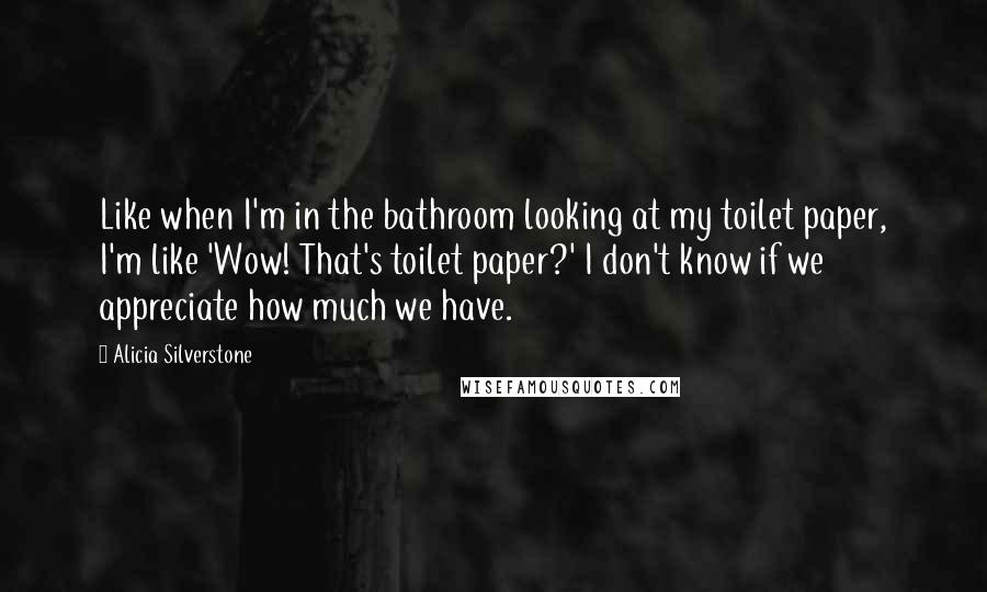 Alicia Silverstone Quotes: Like when I'm in the bathroom looking at my toilet paper, I'm like 'Wow! That's toilet paper?' I don't know if we appreciate how much we have.