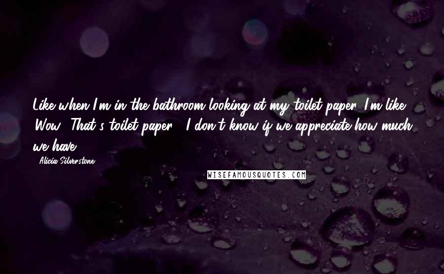 Alicia Silverstone Quotes: Like when I'm in the bathroom looking at my toilet paper, I'm like 'Wow! That's toilet paper?' I don't know if we appreciate how much we have.