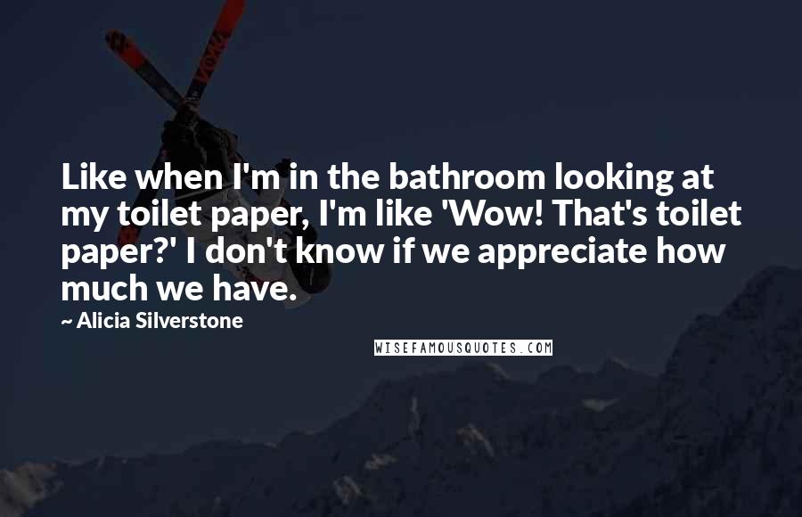 Alicia Silverstone Quotes: Like when I'm in the bathroom looking at my toilet paper, I'm like 'Wow! That's toilet paper?' I don't know if we appreciate how much we have.