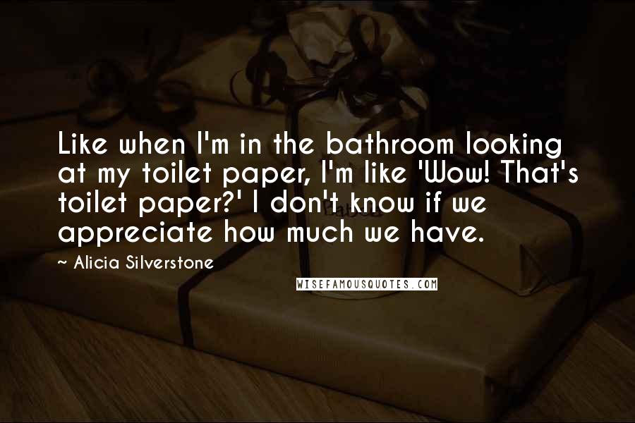 Alicia Silverstone Quotes: Like when I'm in the bathroom looking at my toilet paper, I'm like 'Wow! That's toilet paper?' I don't know if we appreciate how much we have.