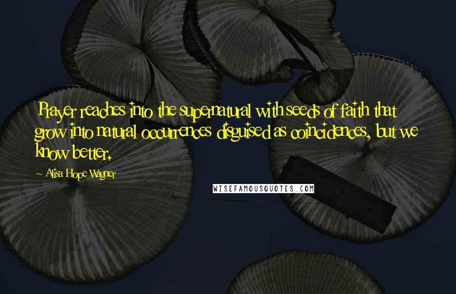 Alisa Hope Wagner Quotes: Prayer reaches into the supernatural with seeds of faith that grow into natural occurrences disguised as coincidences, but we know better.