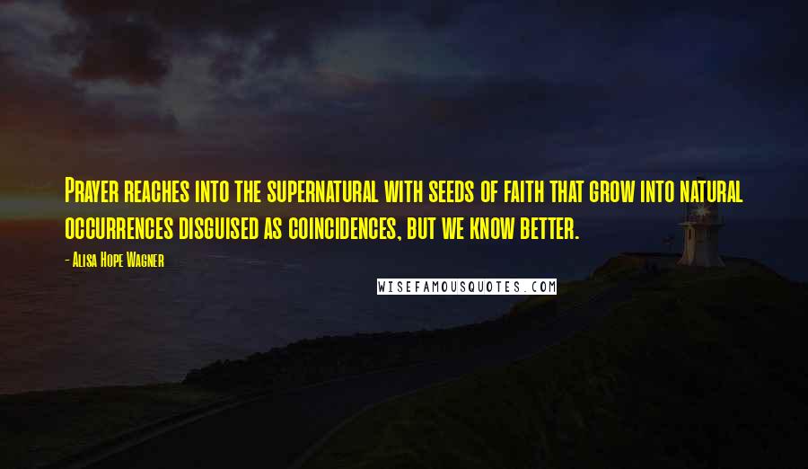 Alisa Hope Wagner Quotes: Prayer reaches into the supernatural with seeds of faith that grow into natural occurrences disguised as coincidences, but we know better.