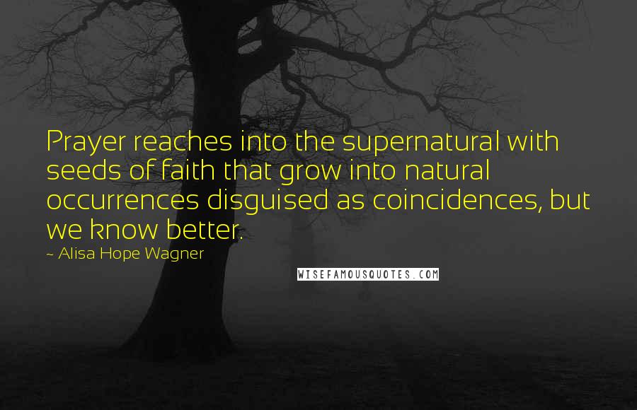 Alisa Hope Wagner Quotes: Prayer reaches into the supernatural with seeds of faith that grow into natural occurrences disguised as coincidences, but we know better.