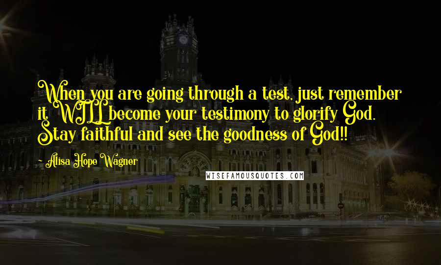 Alisa Hope Wagner Quotes: When you are going through a test, just remember it WILL become your testimony to glorify God. Stay faithful and see the goodness of God!!