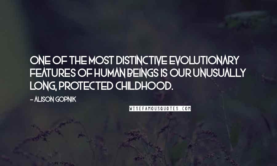 Alison Gopnik Quotes: One of the most distinctive evolutionary features of human beings is our unusually long, protected childhood.