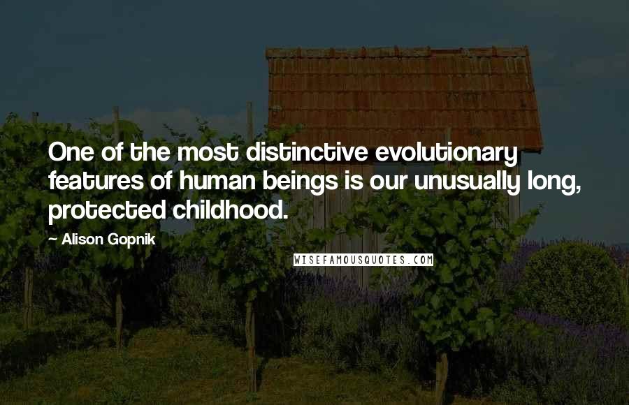 Alison Gopnik Quotes: One of the most distinctive evolutionary features of human beings is our unusually long, protected childhood.