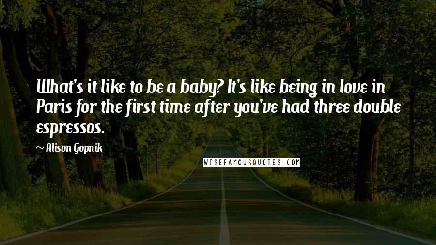 Alison Gopnik Quotes: What's it like to be a baby? It's like being in love in Paris for the first time after you've had three double espressos.