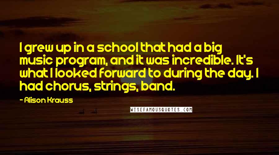 Alison Krauss Quotes: I grew up in a school that had a big music program, and it was incredible. It's what I looked forward to during the day. I had chorus, strings, band.