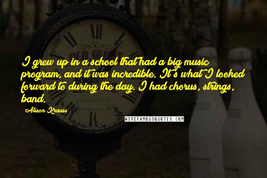 Alison Krauss Quotes: I grew up in a school that had a big music program, and it was incredible. It's what I looked forward to during the day. I had chorus, strings, band.