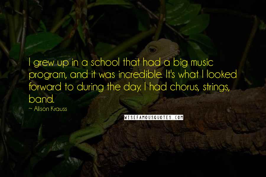 Alison Krauss Quotes: I grew up in a school that had a big music program, and it was incredible. It's what I looked forward to during the day. I had chorus, strings, band.