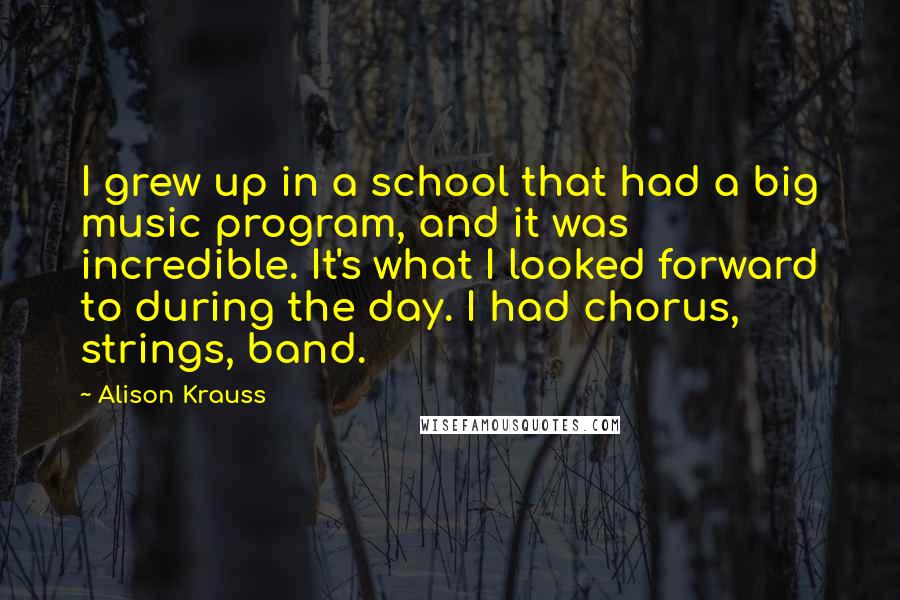 Alison Krauss Quotes: I grew up in a school that had a big music program, and it was incredible. It's what I looked forward to during the day. I had chorus, strings, band.